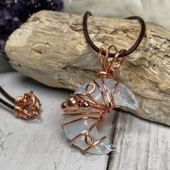 Genuine Opalite Crescent Moon Copper Wrap Leather Cord Boho Style - Picture 6 of 17